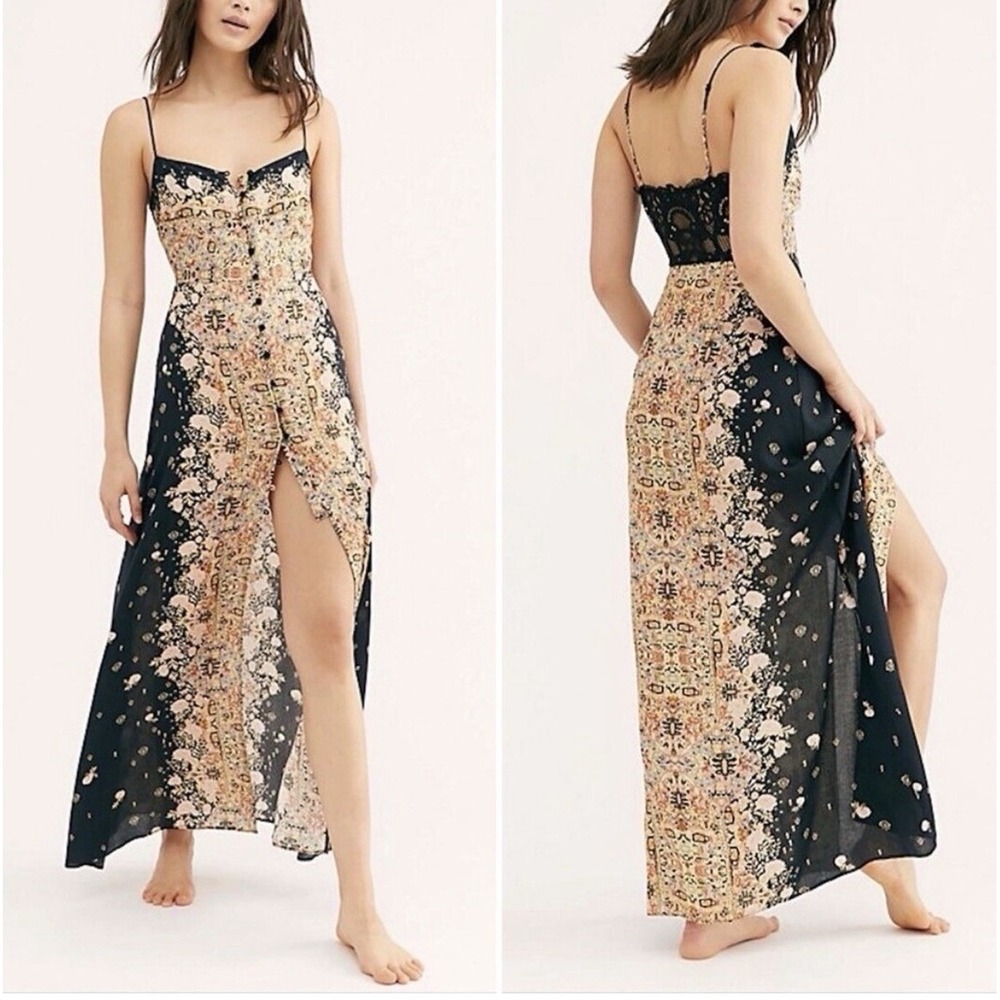Free People Morning Song Maxi Dress M Black Floral Boho Lace Back Button Front